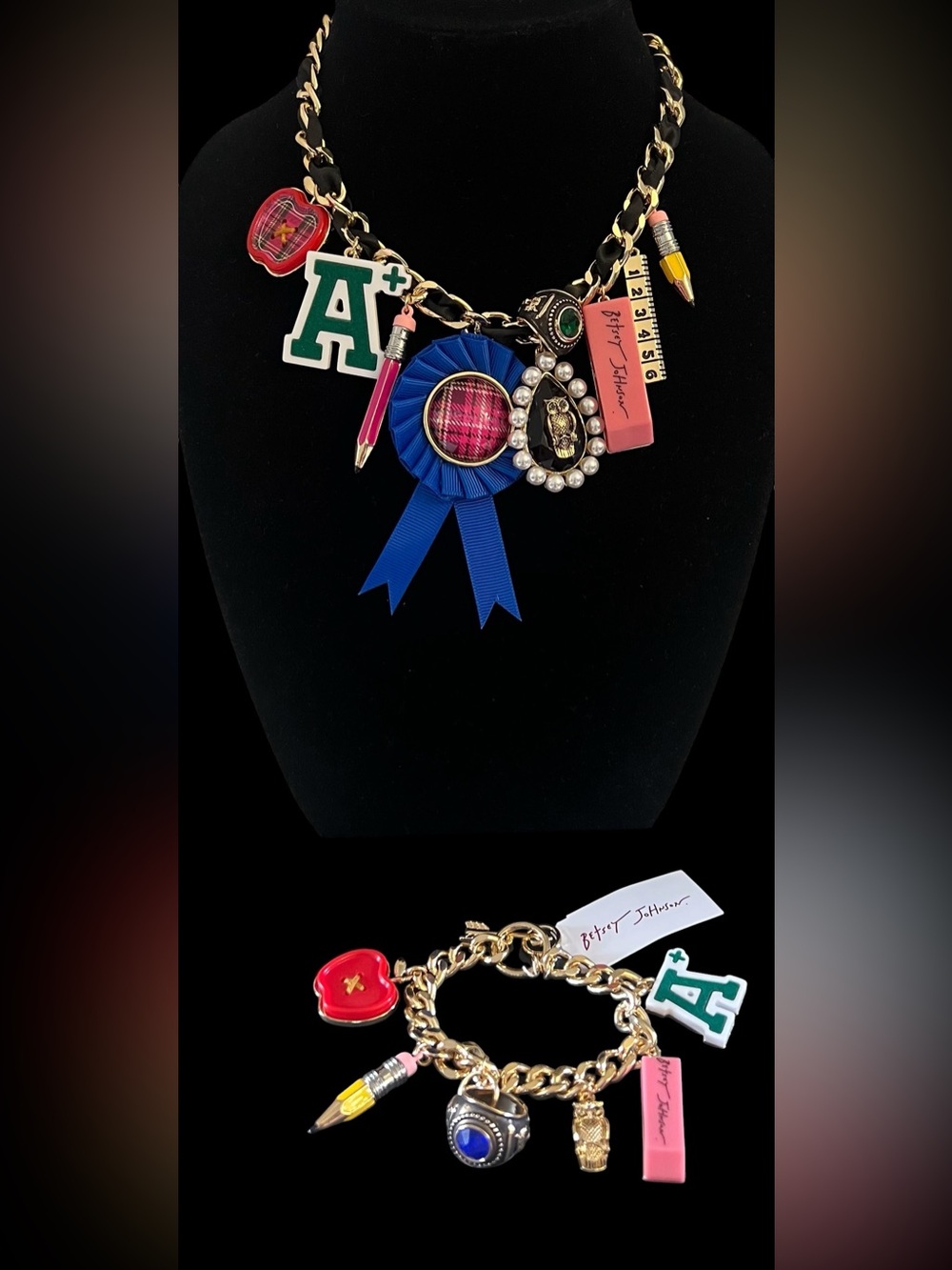 Betsey Johnson Set of Necklace & Bracelet with Red, Blue, Pink & Yellow Accents